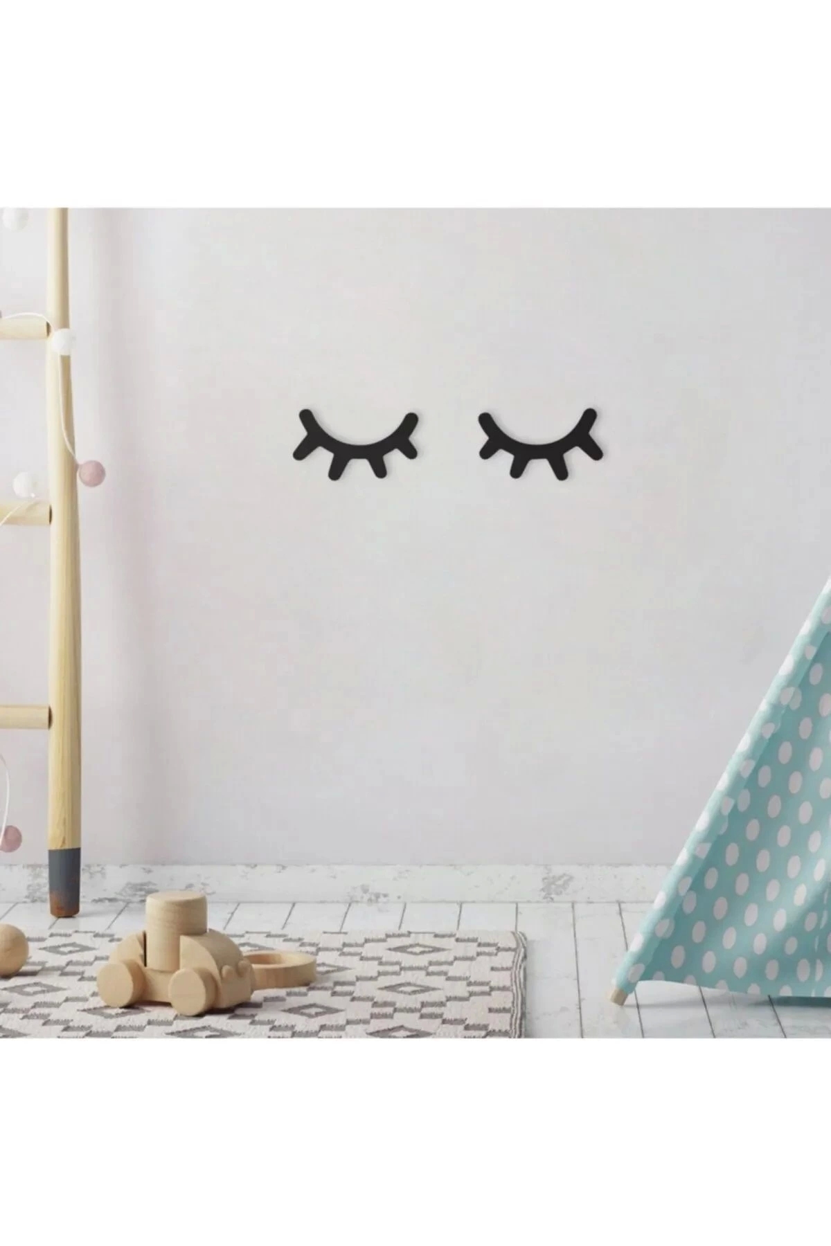 2'li Dekoratif Ahşap Uyuyan Kirpik Duvar Süsü - Siyah Bebek ve Çocuk Odası Dekoru