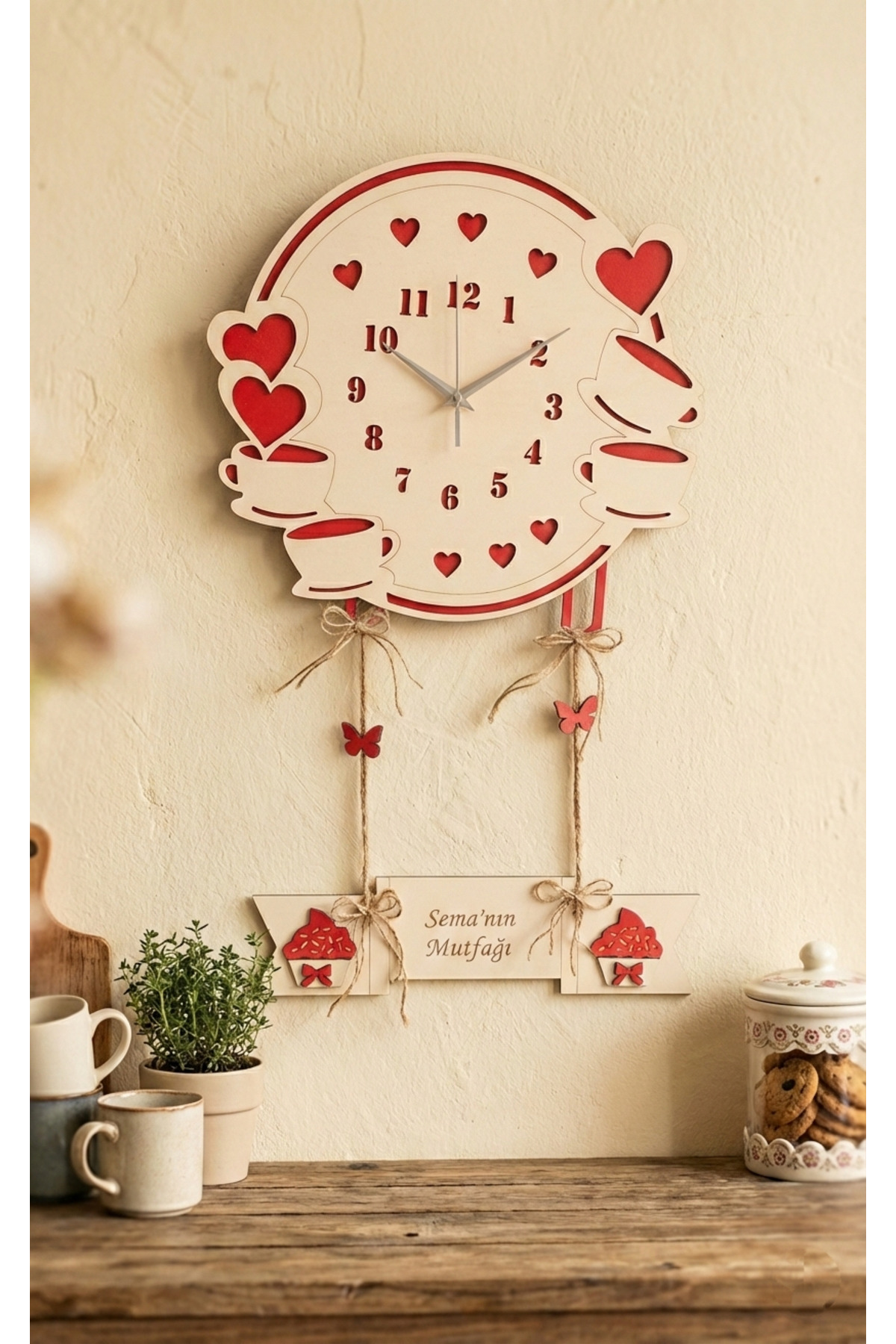 Kişiye Özel İsimli Ahşap Mutfak Duvar Saati - Fincan Detaylı Dekoratif Tasarım Ev Hediyesi