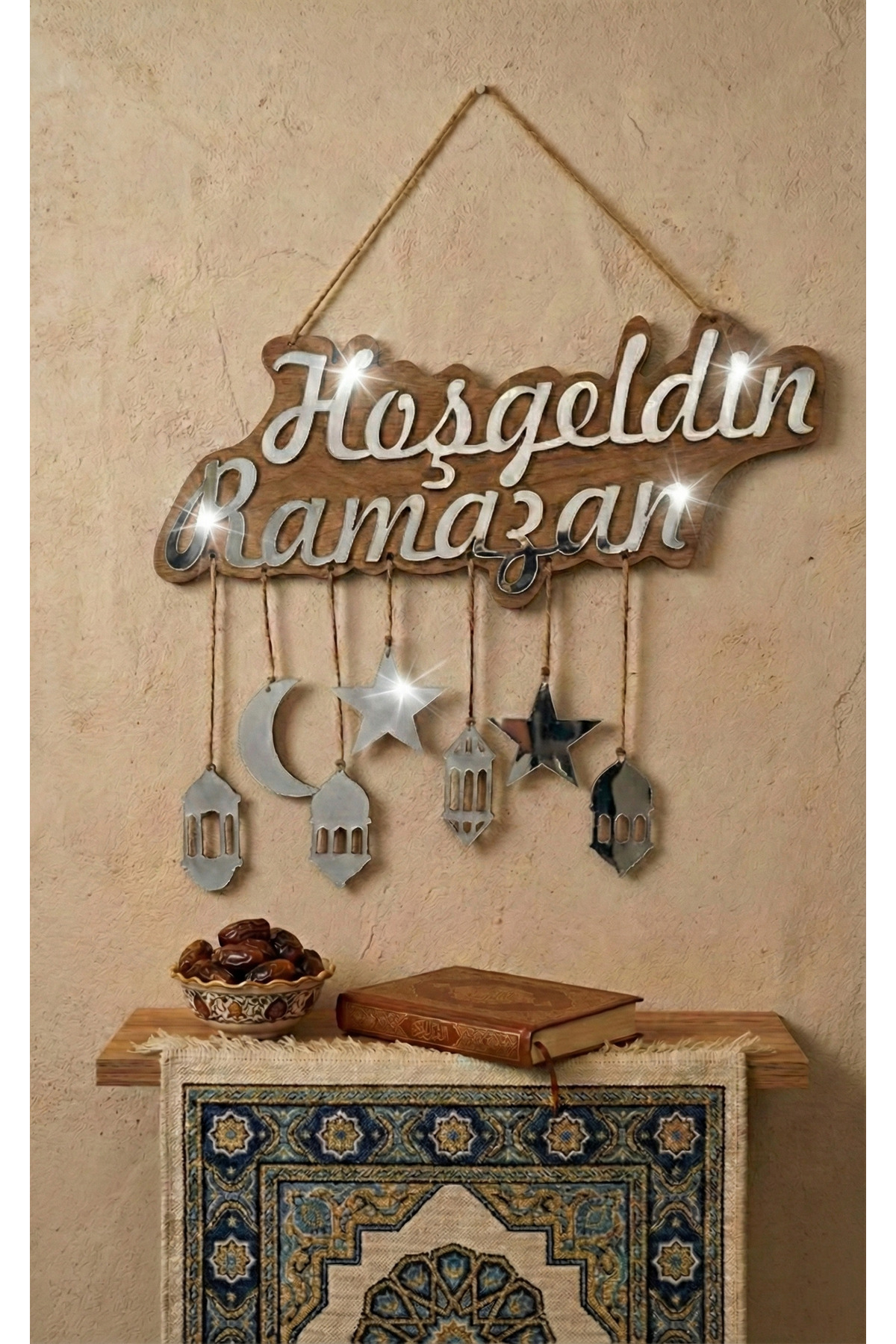 Gold Detaylı Hoşgeldin Ramazan Duvar Süsü - Fener, Ay ve Yıldız Figürlü - Ramazan Dekorasyonu