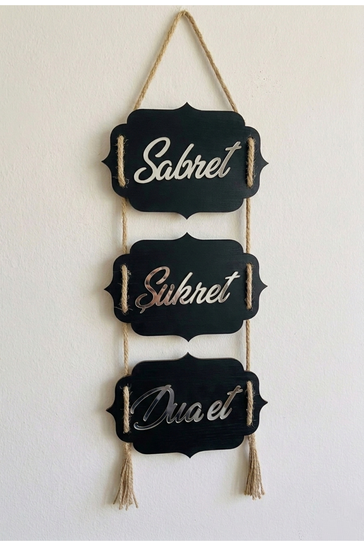 Sabret Şükret Dua Et Dikey 3’lü Duvar Süsü & Dekorasyonu - Pleksi Aynalı Ahşap Tablo (19x50 cm)