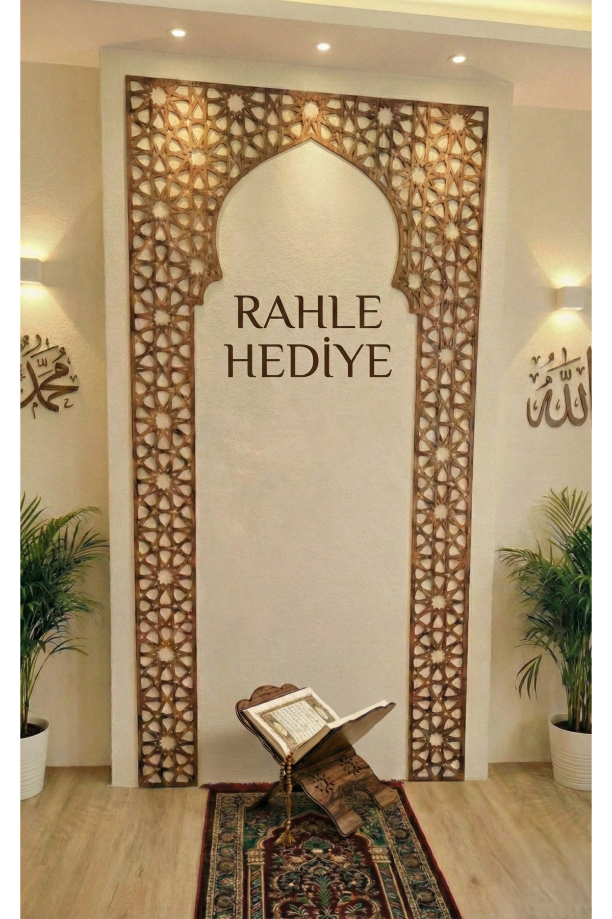 Ahşap Mihrap Dekoru - Evinizde Manevi Namaz Köşesi İçin Selçuklu Motifli Duvar Süsü (Rahle Hediye)