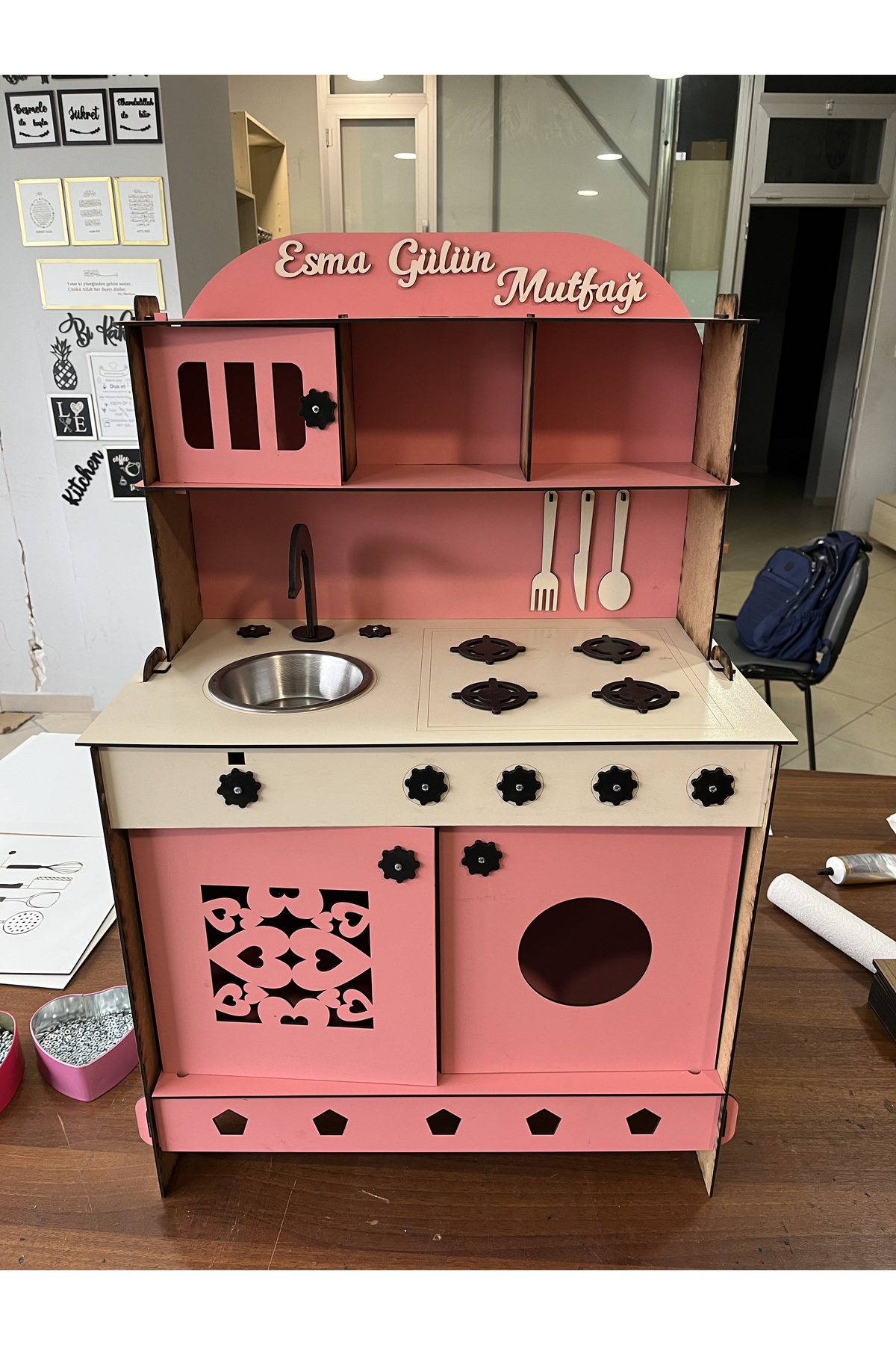 Ahşap Oyuncak Mutfak Seti - Pembe Retro Çocuk Mutfağı ve Eğitici Evcilik Seti